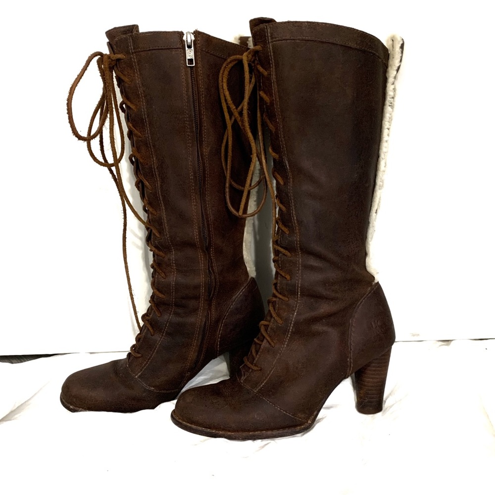 Ugg leather lace up heeled boot with fur accent
